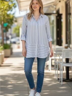 Tommy Bahama Striped Tunic Button Down Coastal Grandma Beach